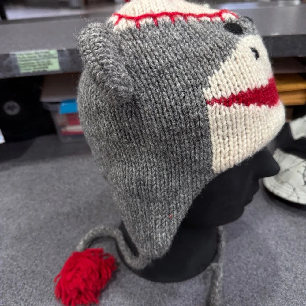 World Market Sock Monkey Beanie Hat Unisex OS Gray Wool Fleece Lined Excellent